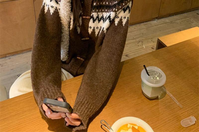 Crew Neck Patterned Toggle Button Up Cardigan Product Image