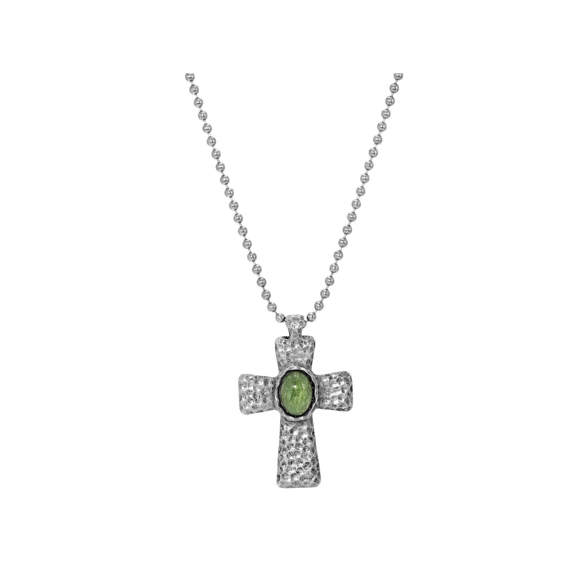 Mens Symbols of Faith Silver Tone Hammered Embellished Cross Necklace, Green Product Image