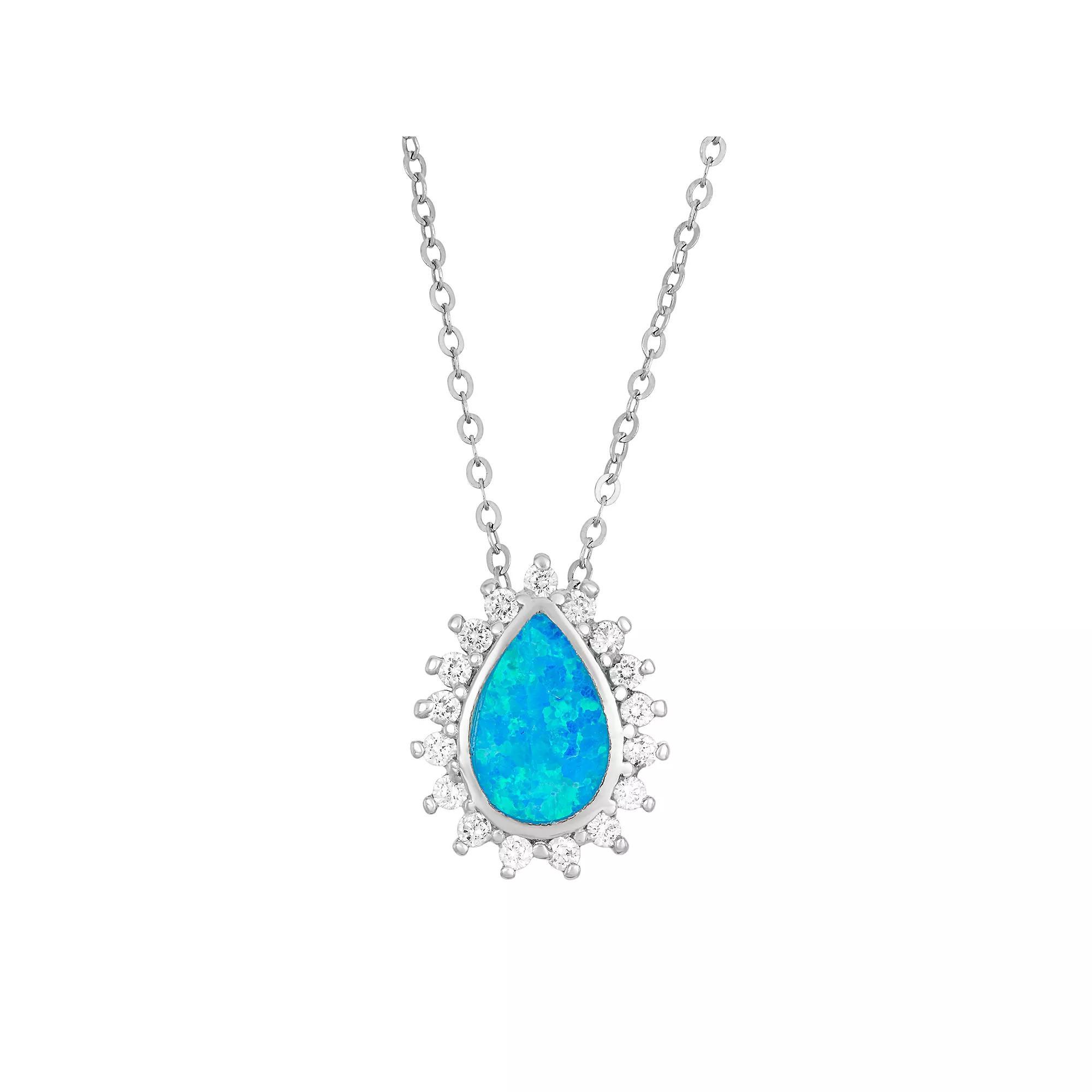 Lab-Created Blue Opal & Cubic Zirconia Sterling Silver Teardrop Halo Pendant Necklace, Women's, Size: 18" Product Image