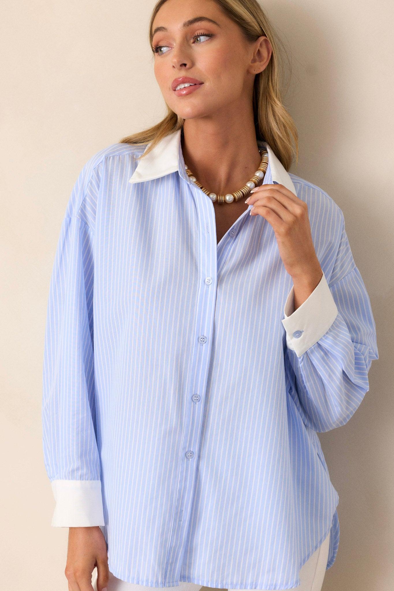 Vintage Verve Cotton Blue Stripe Button Front Top Product Image