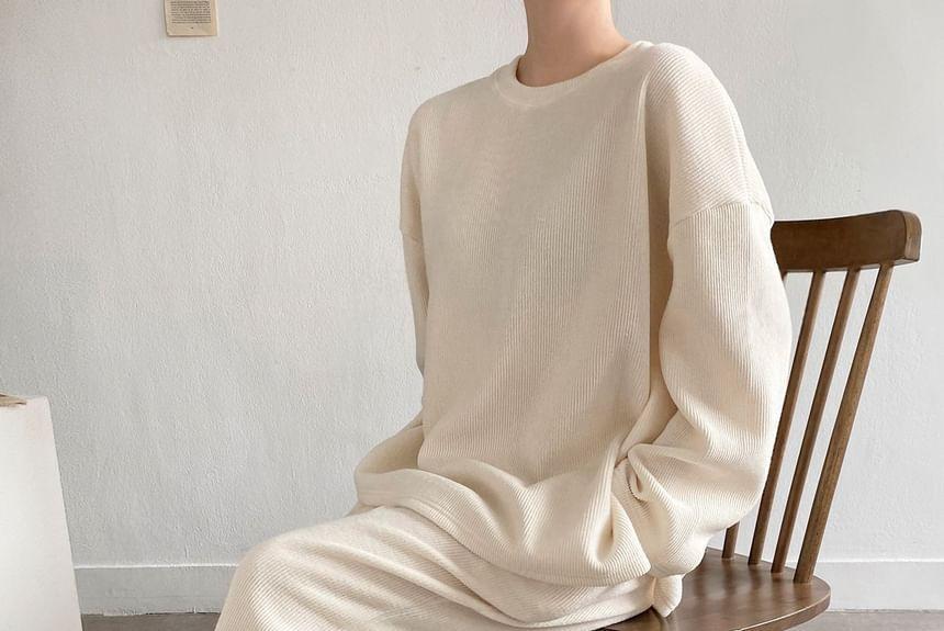 Set: Long-Sleeve Plain Loose-Fit Top + Elastic Waist Plain Pants Product Image