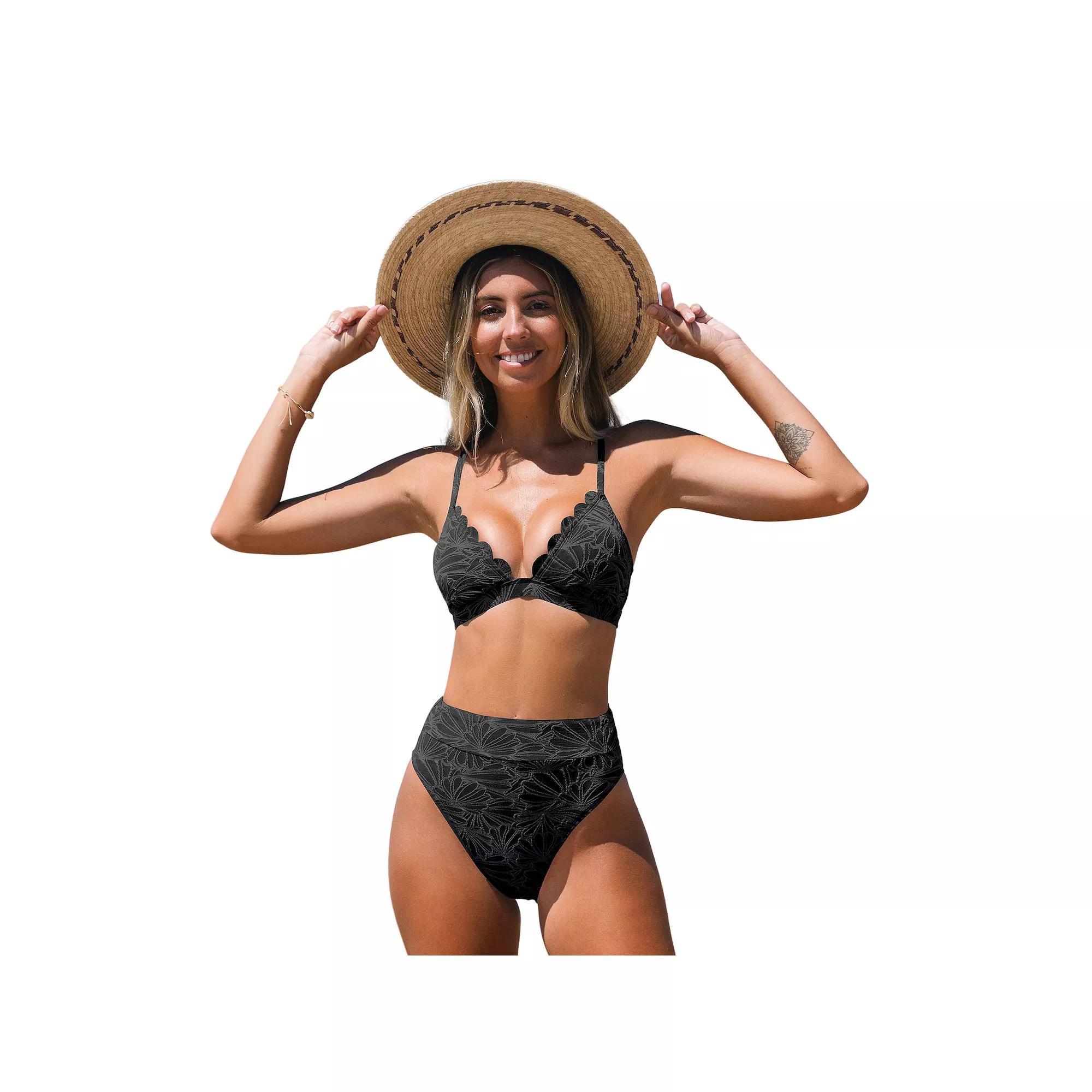 Womens Cupshe Floral Jacquard Scalloped Bralette & High Waist Bikini Set Product Image