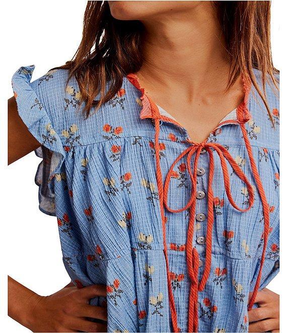 Free People Sundown Floral Print Split Neck Cap Sleeve Mini Dress Product Image