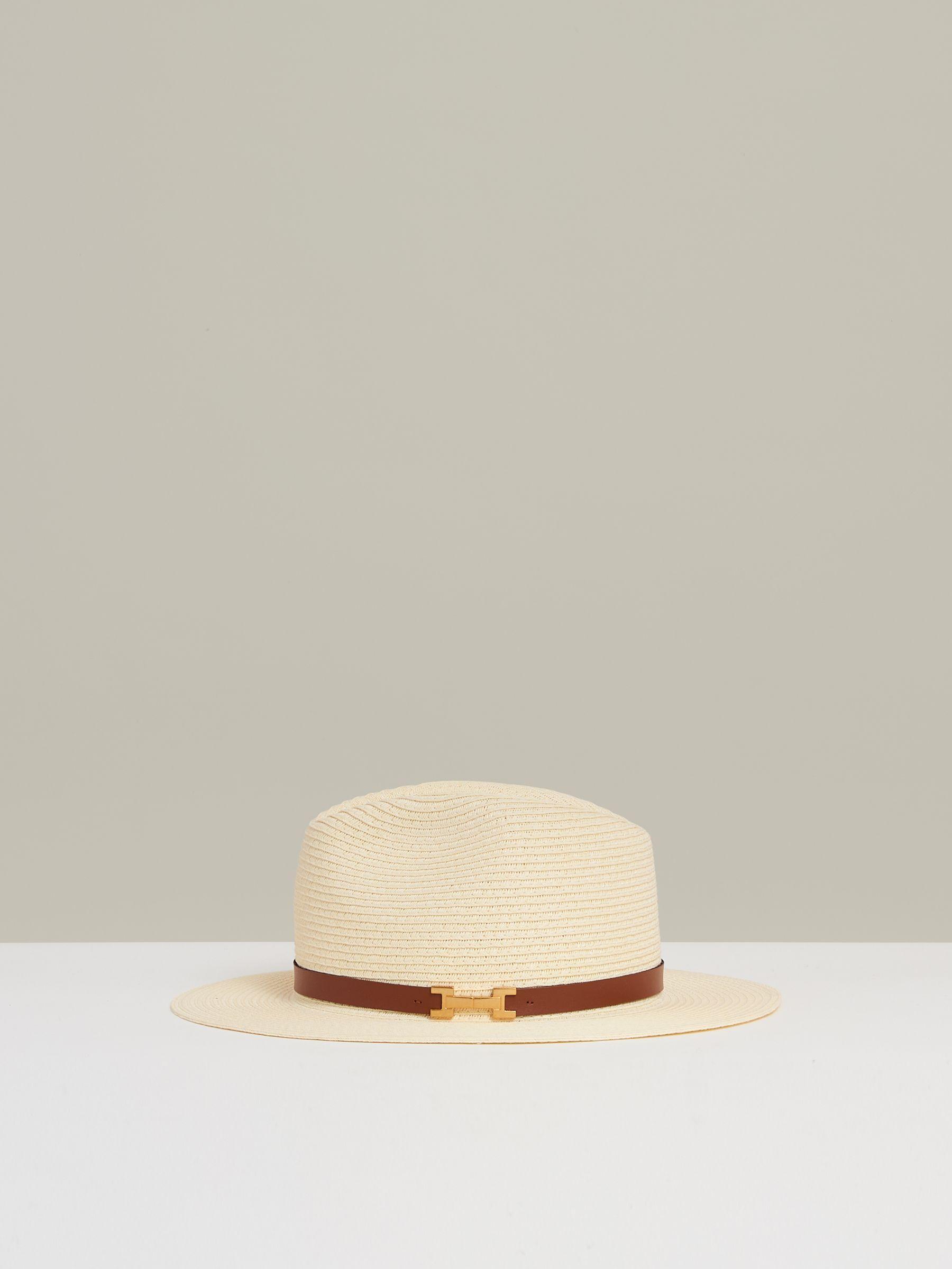 Faux Leather Trim Woven Hat in Natural Product Image