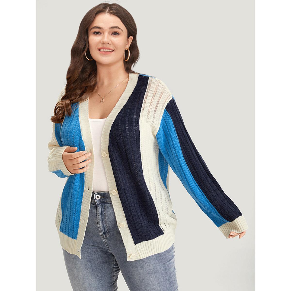 Plus Size Colorblock Contrast Button Down Drop Shoulder Cardigan Blue Women Casual Loose Long Sleeve Everyday Cardigans BloomChic 30/6X Product Image