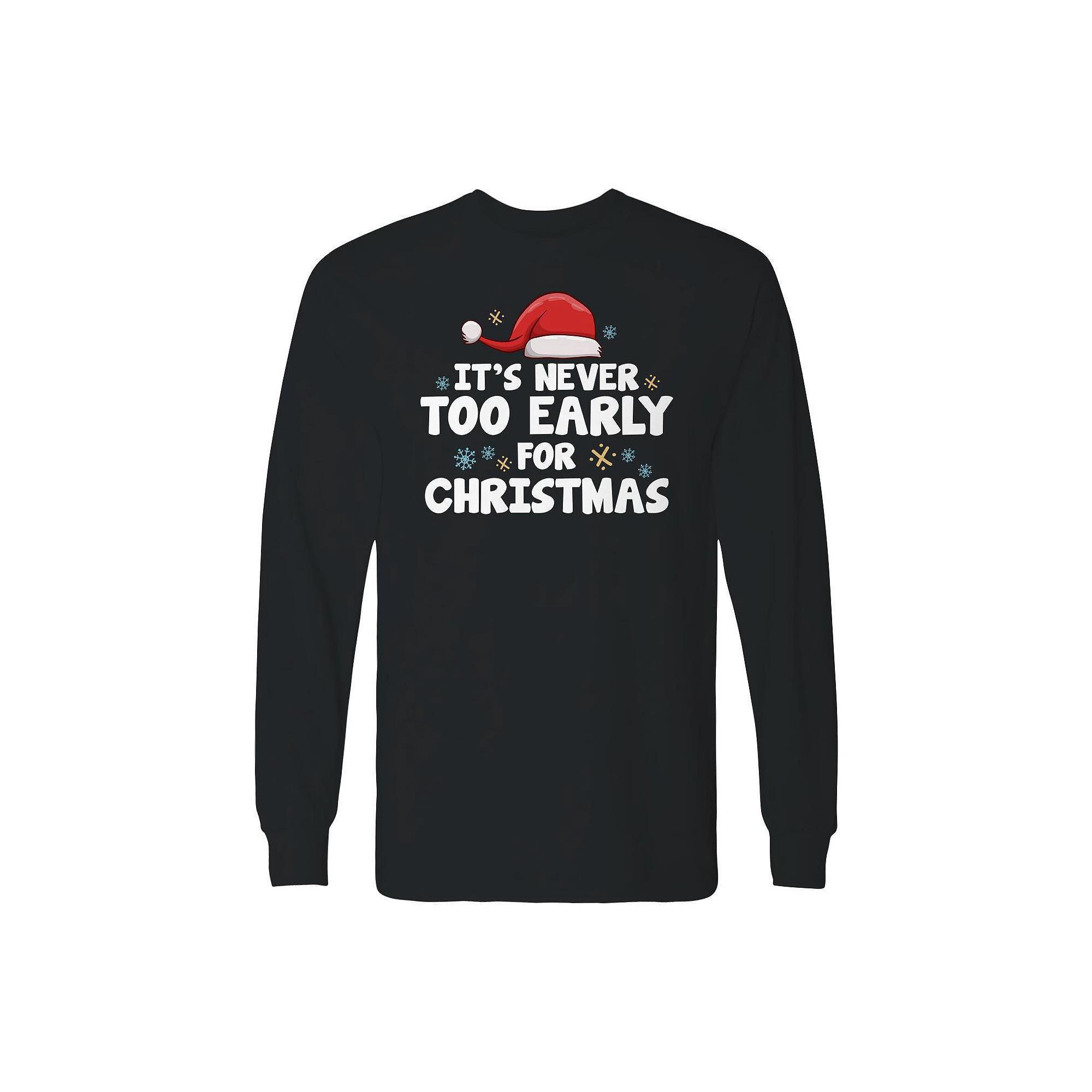 Men's Never Early Christmas Long Sleeve Graphic Tee, Size: XL, Black Product Image