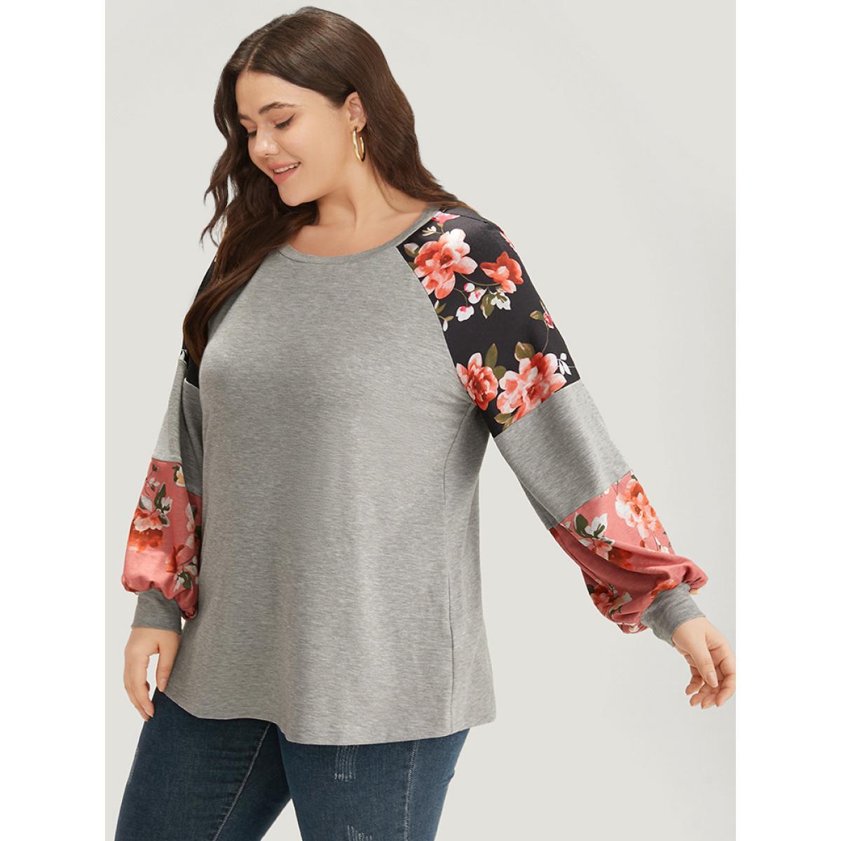 Plus Size Colorblock Contrast Floral Crew Neck Raglan Sleeve Sweatshirt Women Gray Casual Elastic cuffs Round Neck Dailywear Sweatshirts BloomChic 22-24/3X Product Image