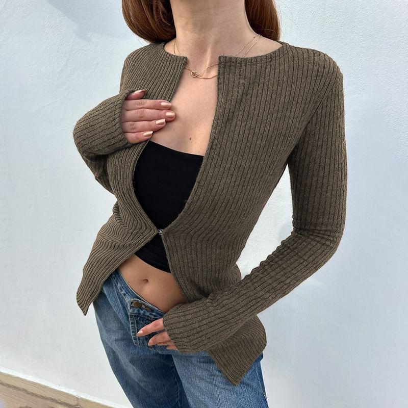 Long Sleeve Plain Ribbed-Knit Slim-Fit Cardigan Product Image