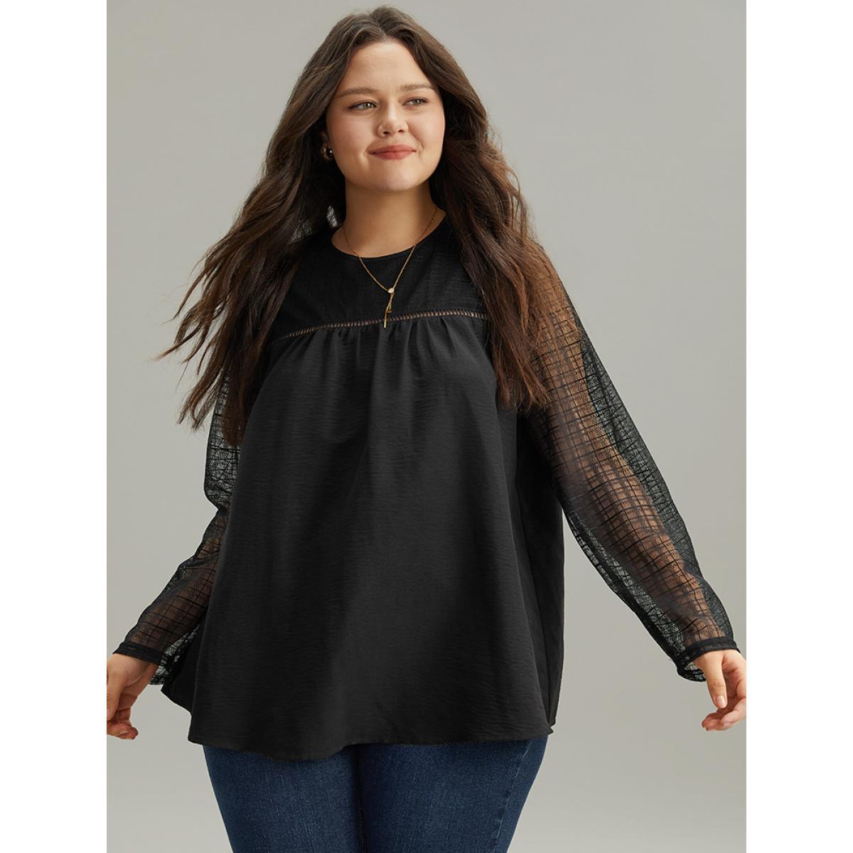 Plus Size Black Solid Keyhole Mesh Plicated Detail Blouse Women Glamour Long Sleeve Round Neck Going out Blouses BloomChic 10/M Product Image