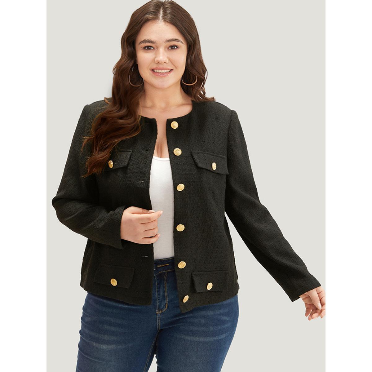 Plus Size Plain Tweed Texture Buckle Detail Blazer Women Black Texture Work Jackets BloomChic 18-20/2X Product Image