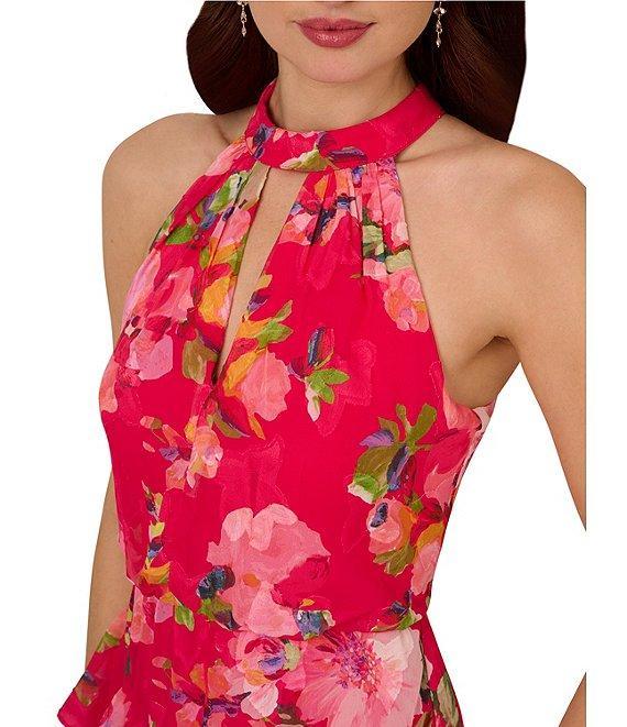 Adrianna Papell Chiffon Floral Print Halter Neck Sleeveless Ruffle Blouson Gown Product Image