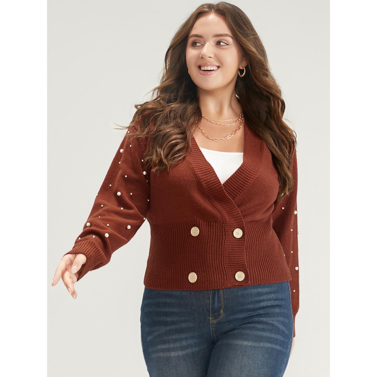 Plus Size Solid Pointelle Knit Pearls Beaded Button Front Knit Top Maroon Women Elegant Long Sleeve Deep V-neck Dailywear Pullovers BloomChic 18-20/2X Product Image