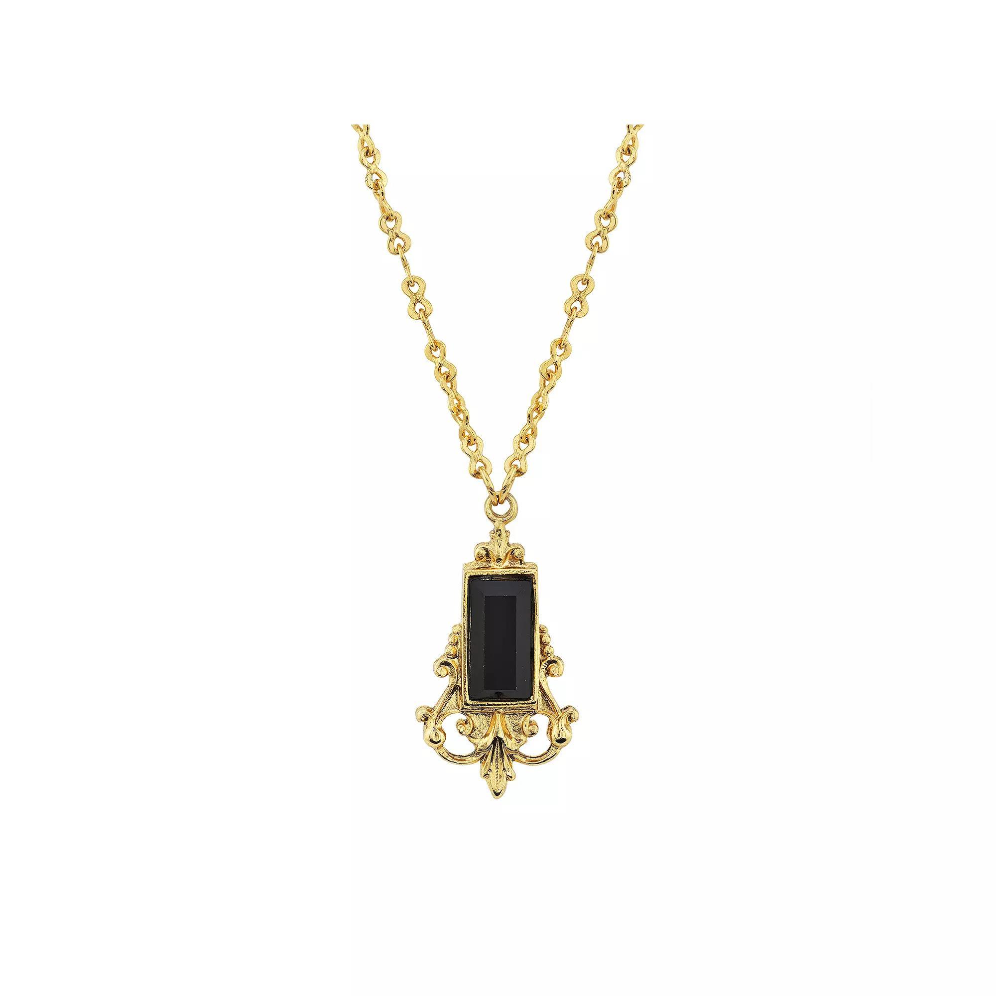 1928 Gold Tone Black Simulated Stone Filigree Pendant Necklace, Womens Product Image
