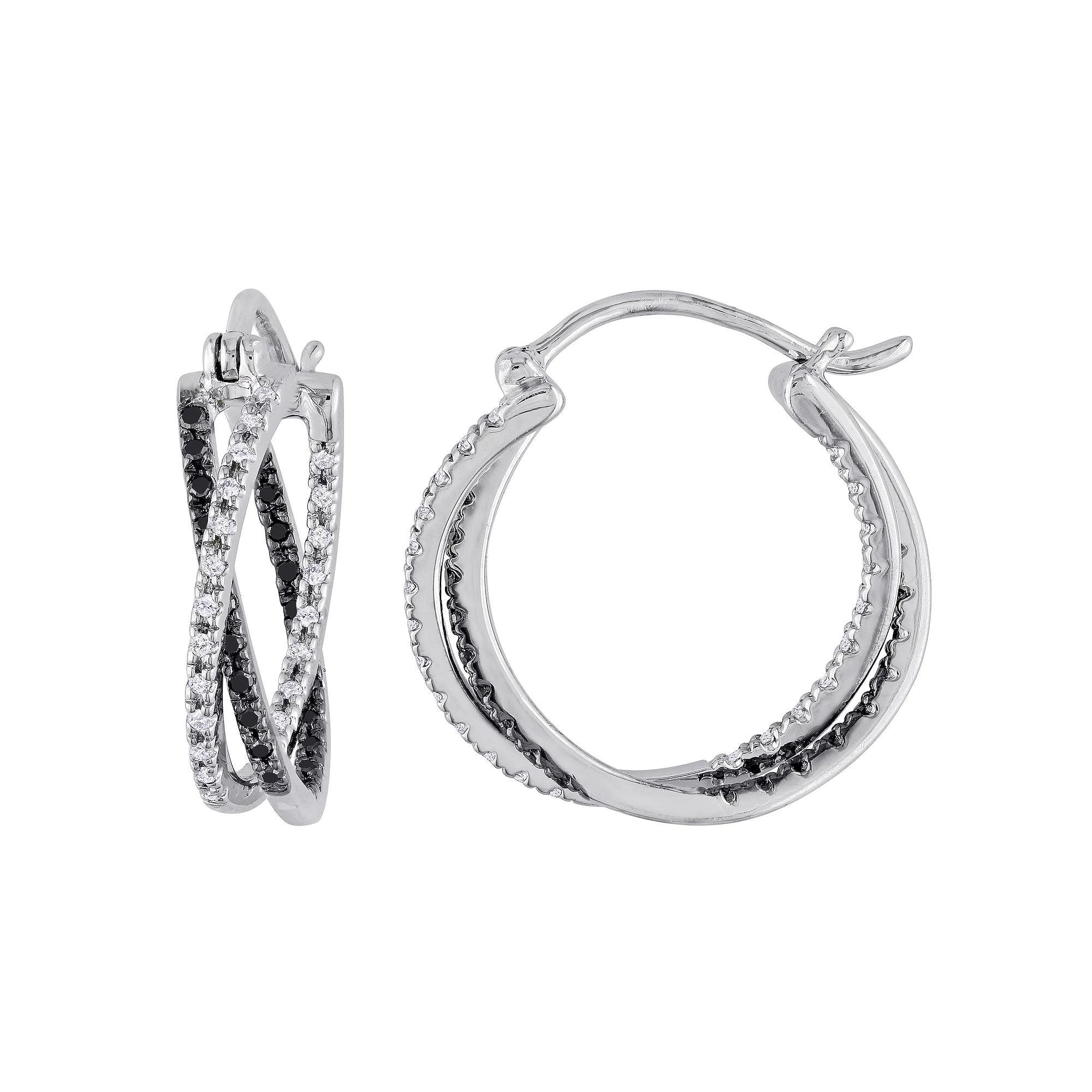 Stella Grace Sterling Silver 1/4 Carat T.W Black & White Diamond Double Crossover Hoop Earrings, Womens Product Image