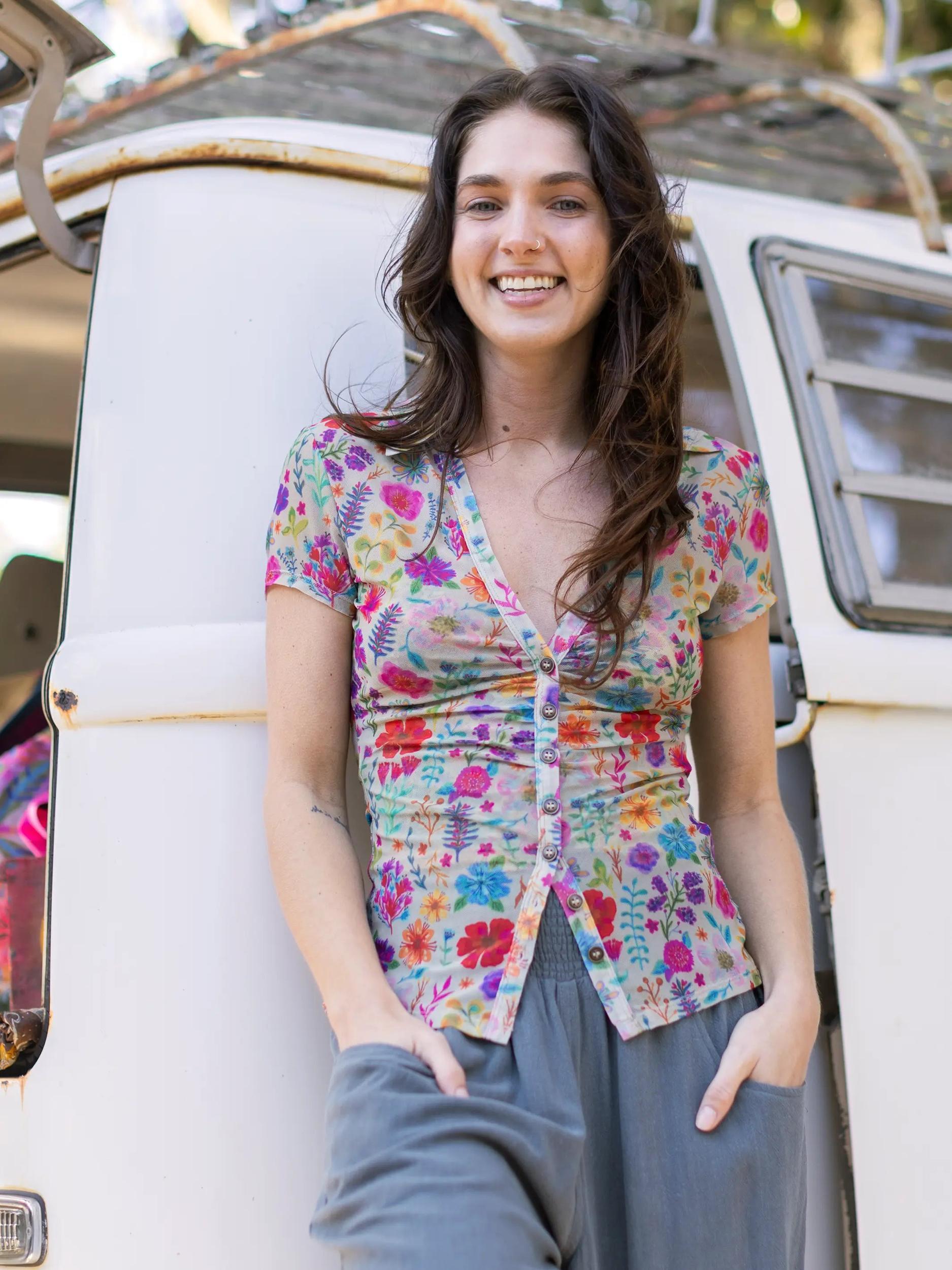 Carina Mesh Short Sleeve Top - Rainbow Garden Cream Product Image