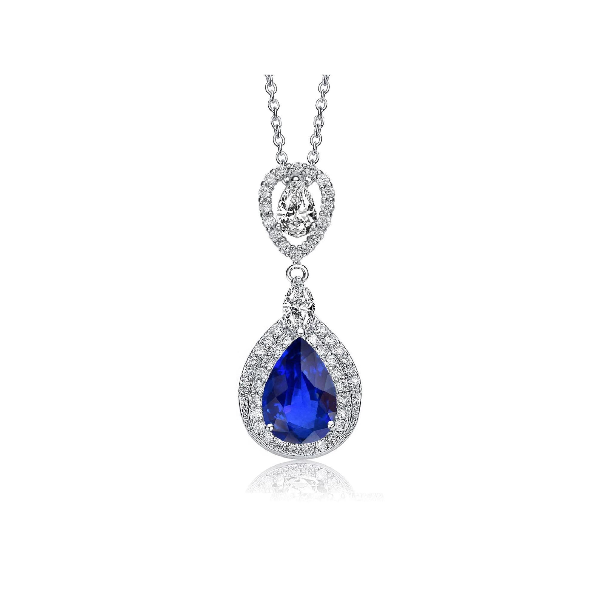 14k White Gold Plated Blue & White Cubic Zirconia Double Halo Pendant Necklace, Womens Silver Tone Product Image