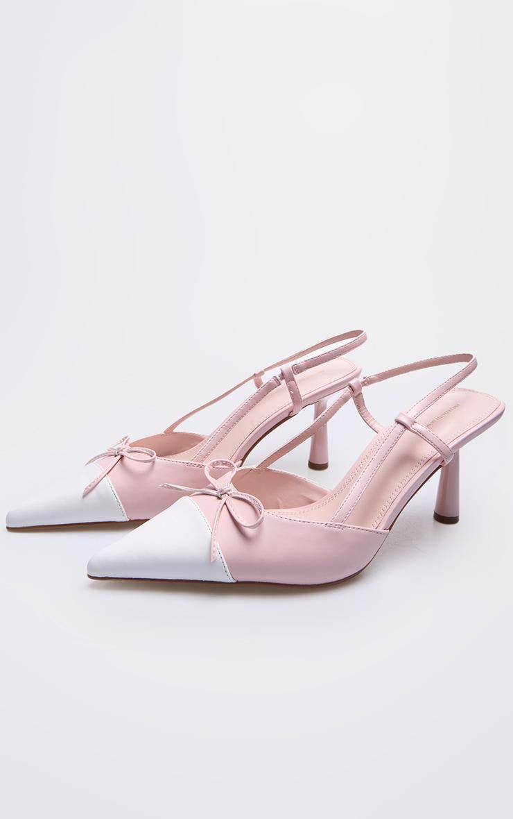 Pink and White Pu Point Toe Bow Detail High Stiletto Court Heels Product Image