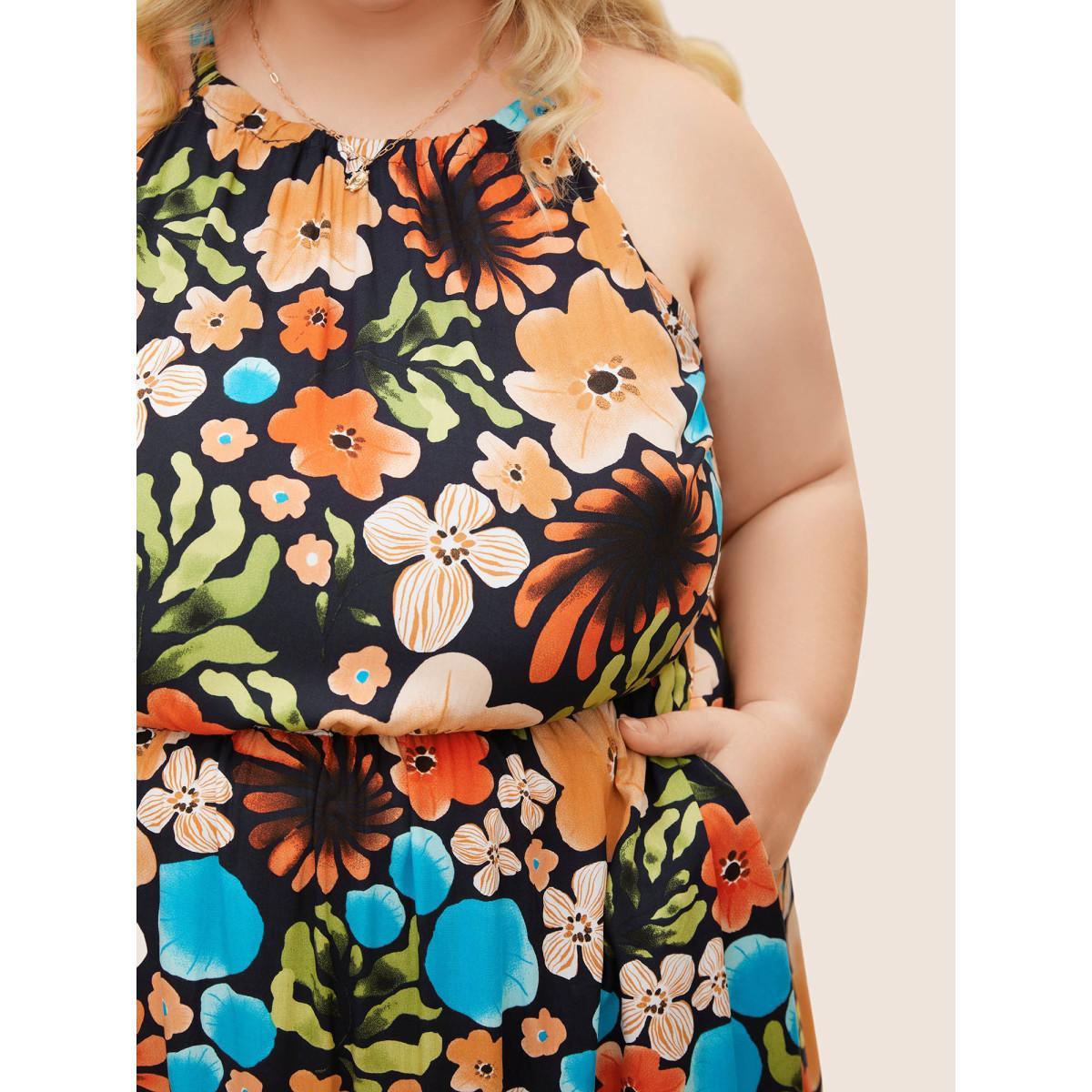 Plus Size Floral Printed Patchwork Side Seam Pocket Dress Indigo Women Resort Gathered Non Sleeveless Curvy BloomChic 18-20/2X Product Image