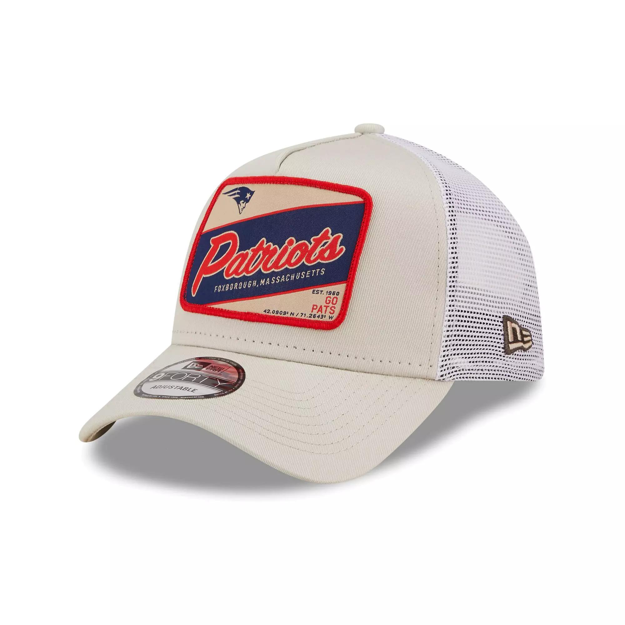 Men's New Era Khaki/White New England Patriots Happy Camper A-Frame Trucker 9FORTY Snapback Hat, Beig K Product Image