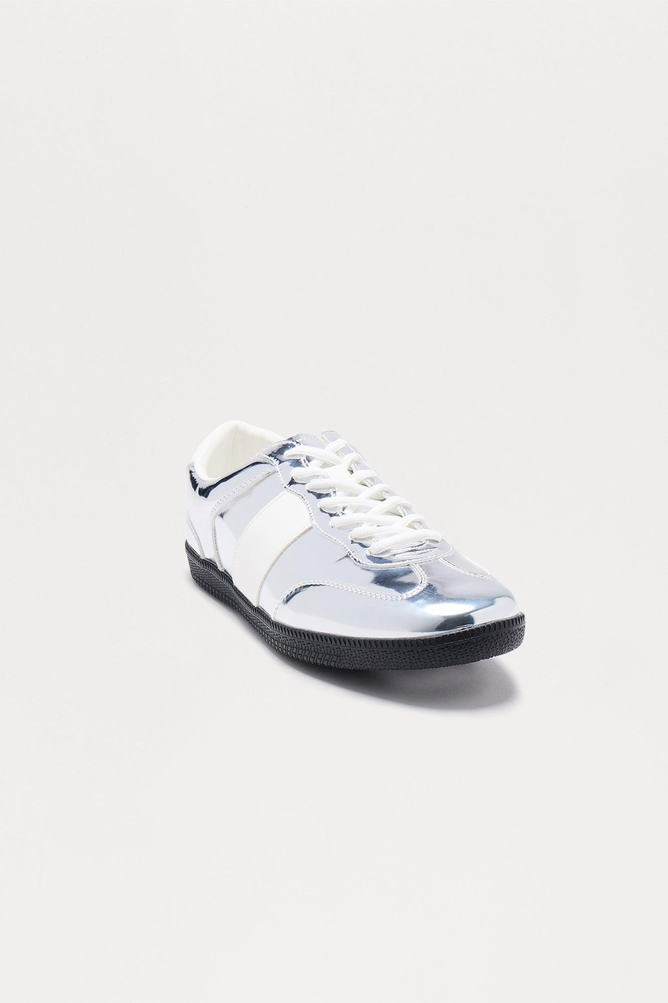 Metallic Low Top Lace Up Sneakers - Silver Product Image