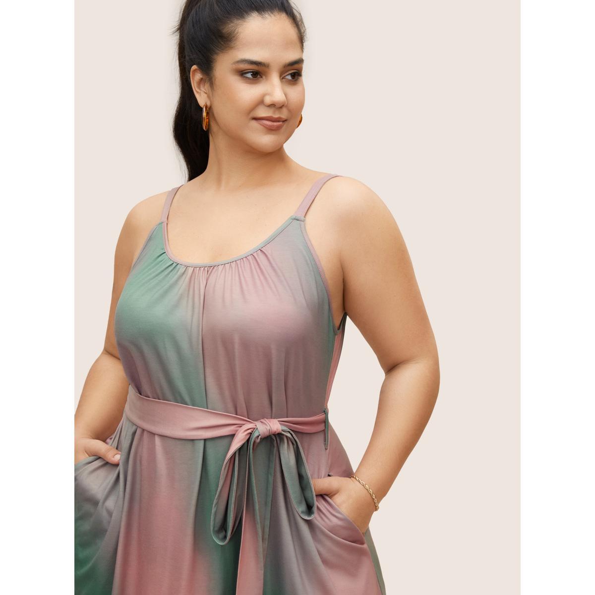 Plus Size Tie Dye Belted High Low Hem Dress Aquamarine Women Casual Belted U-neck Sleeveless Curvy BloomChic 22-24/3X Product Image