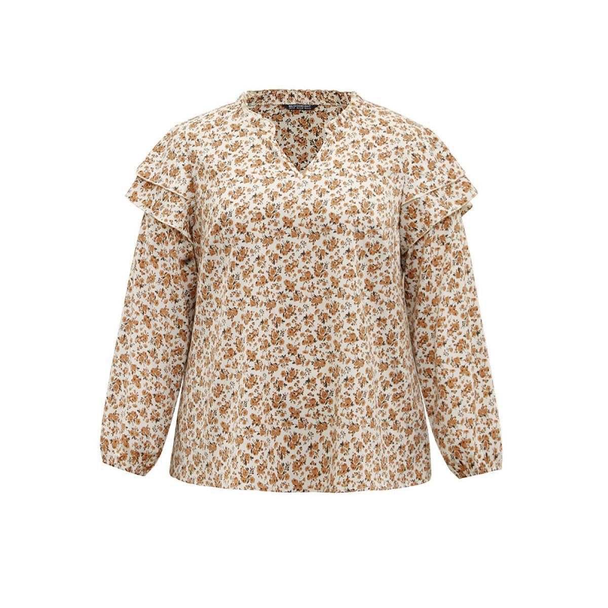 Plus Size Apricot Ditsy Floral Notched Tiered Ruffles Lantern Sleeve Blouse Women Elegant Long Sleeve Notched collar Dailywear Blouses BloomChic 22-24/3X Product Image