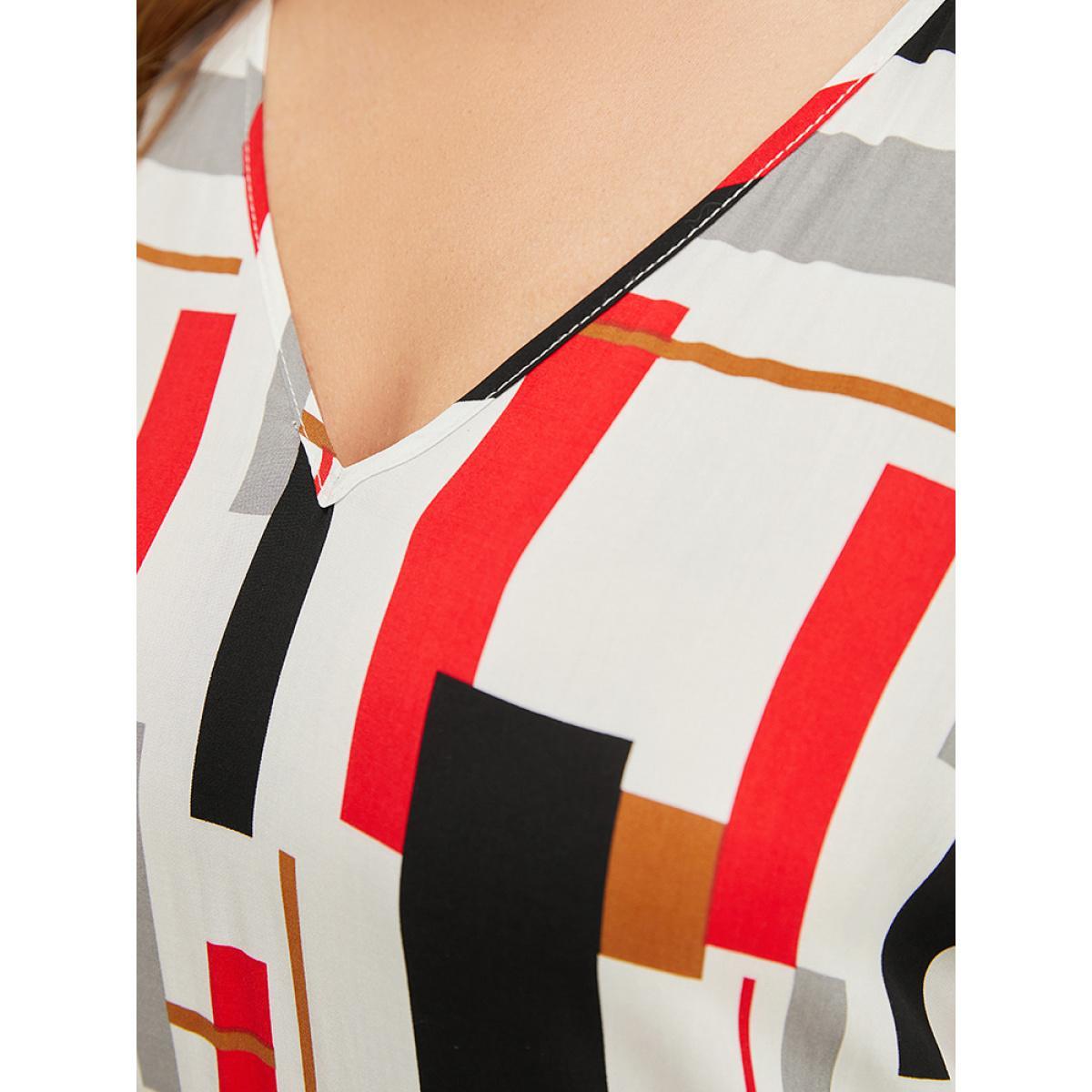 Plus Size Multicolor Geometric Contrast Dolman Sleeve Blouse Women Casual Short sleeve V-neck Dailywear Blouses BloomChic 12/L Product Image
