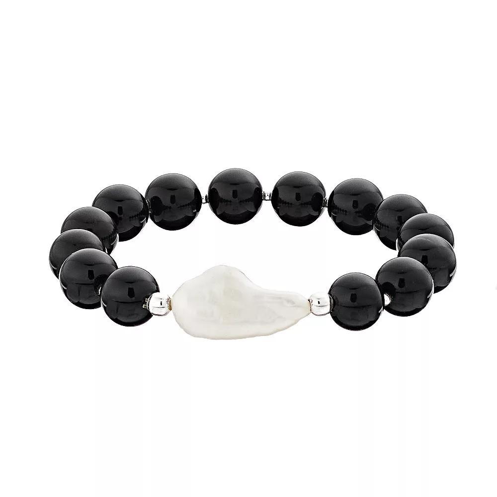 Aleure Precioso 10 mm Bead & Freshwater Pearl Stretch Bracelet, Women's, Size: 7.5", Sterling Black Product Image