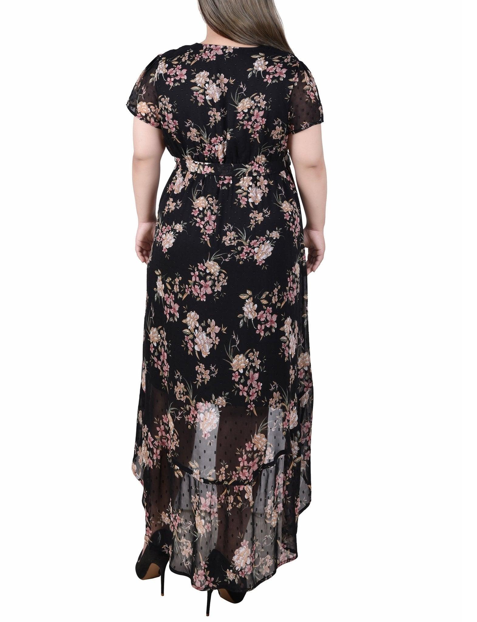 Black Mauve Floral Short Sleeve Hankerchief Hem Chiffon Dress - Plus Product Image