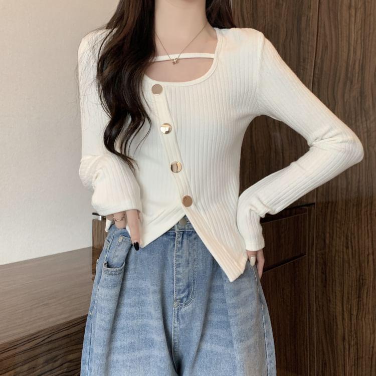 Long-Sleeve Scoop Neck Plain Asymmetrical Ribbed Knit Top Product Image