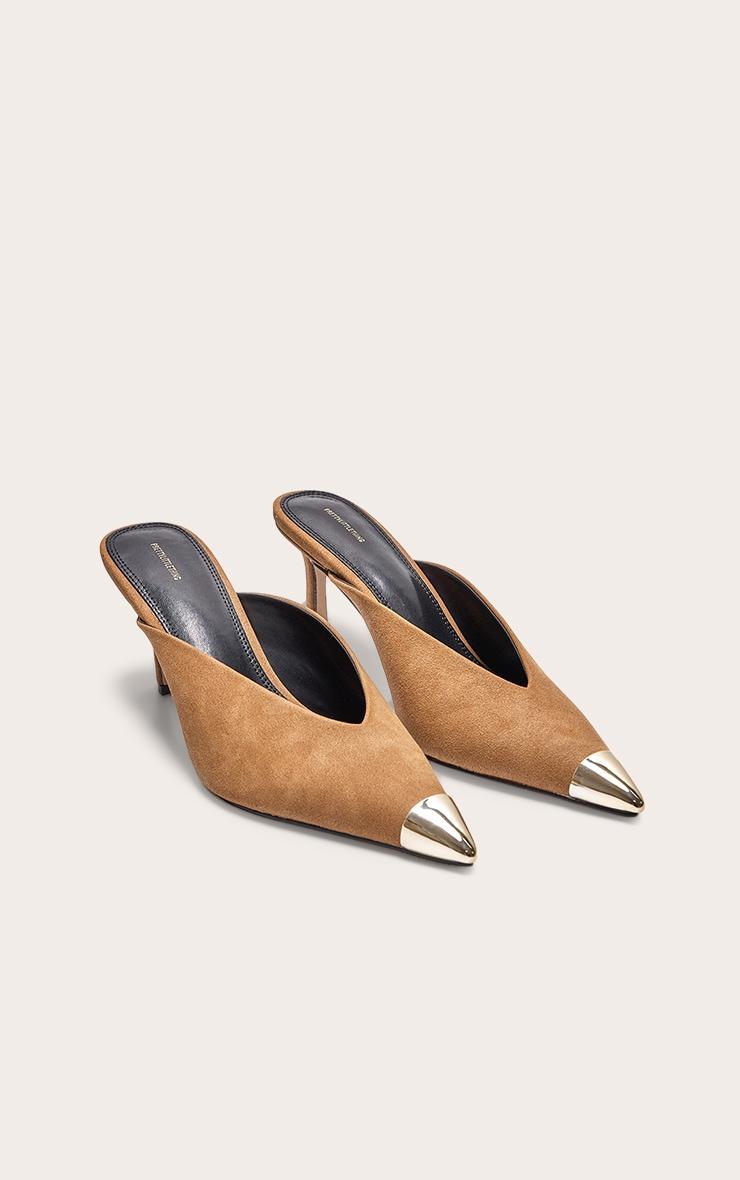 Camel Faux Suede Silver Toe Cap Point Toe Heeled Mules Product Image