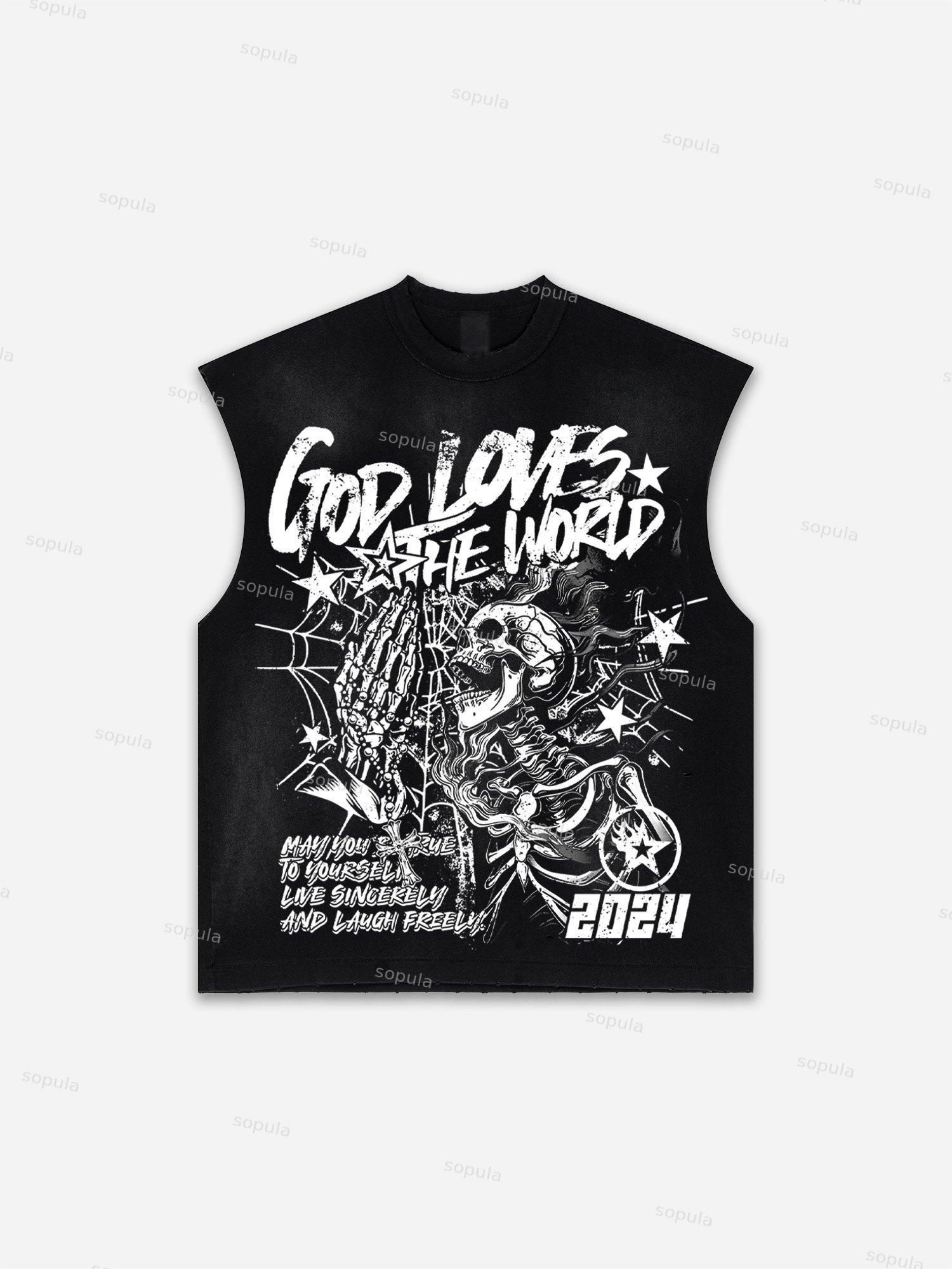 Men's Washed Street God Loves The World Graphic Tank Top Product Image