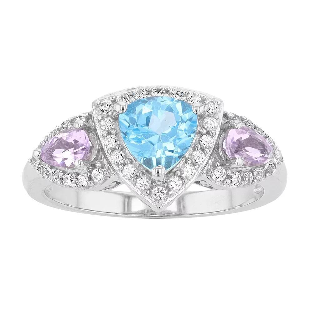Sterling Silver Swiss Blue Topaz, Rose de France Amethyst & Lab-Created White Sapphire Ring, Women's, Size: 7 Product Image