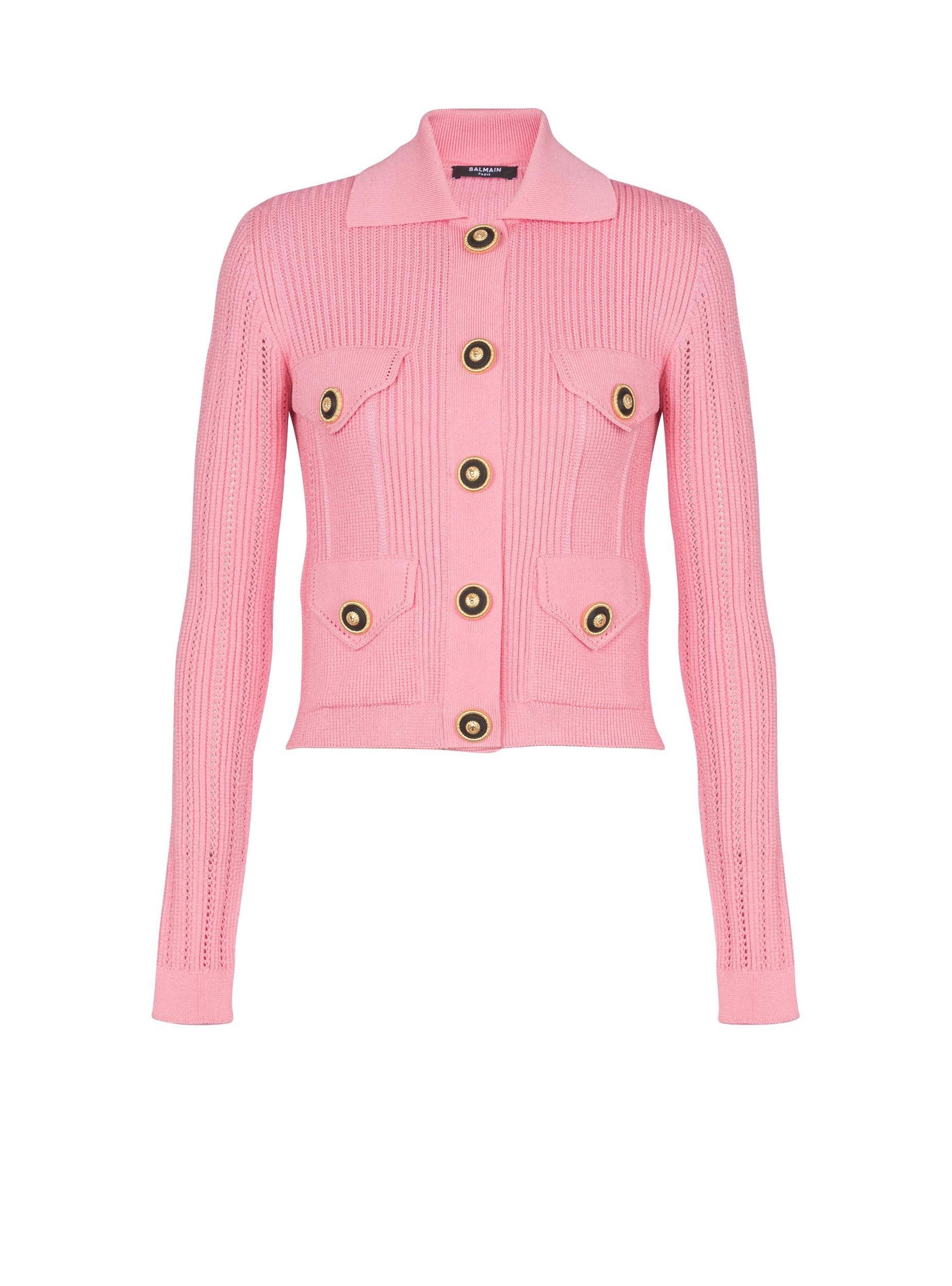 Cropped ribbed knit cardigan with openwork details Product Image