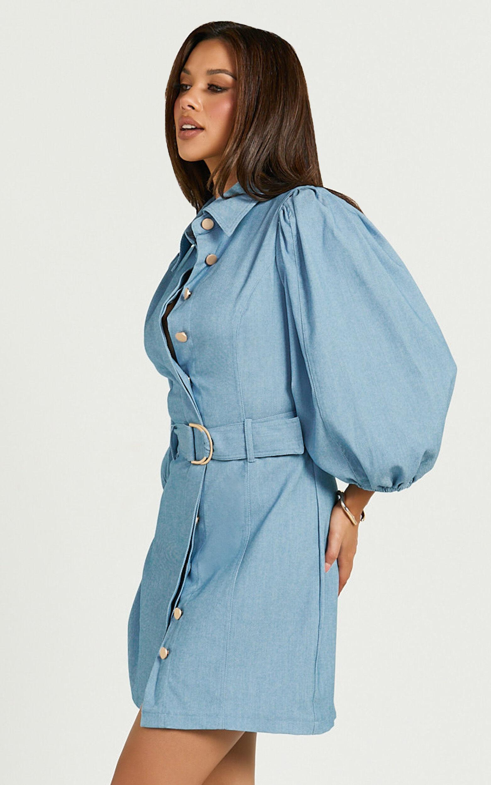Aubrie Mini Dress - Blouson Sleeve Button Through Belted Dress in Light Blue Product Image