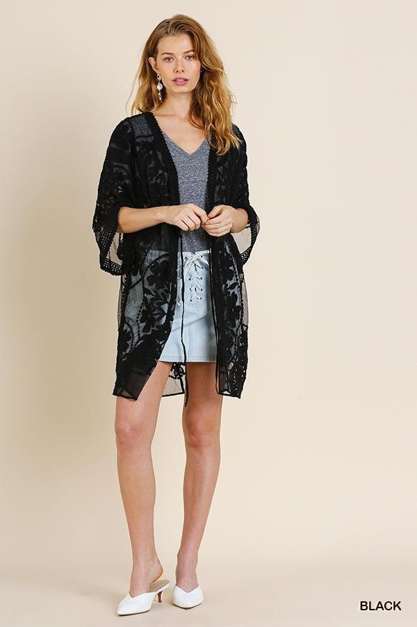 1136   ReeAnn Floral Lace Kimono w/ Waist Tie - Reg & Plus Product Image