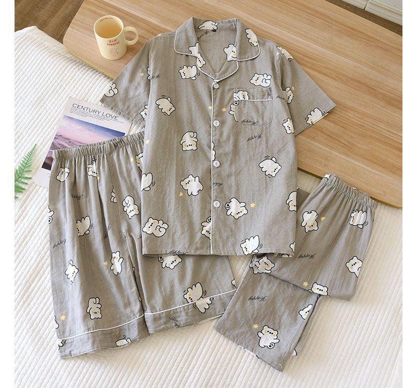 Couple Matching Pajama Set: Short-Sleeve Print Top + Pants + Shorts (Various Designs) Product Image