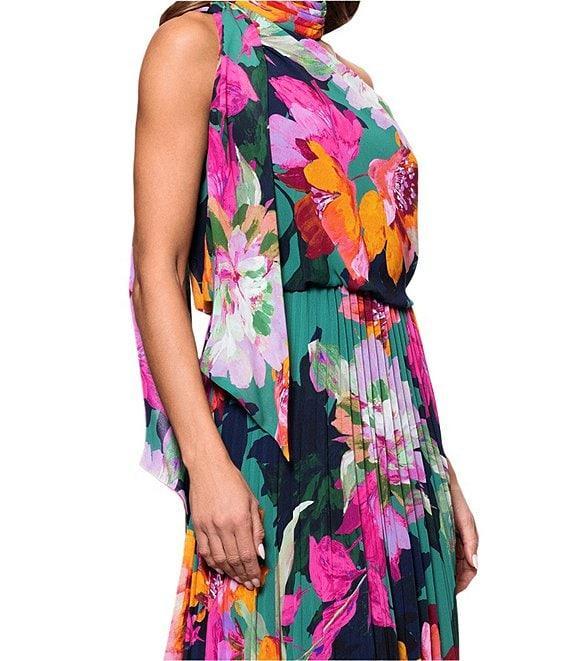 Xscape Pleated Chiffon Floral Print Halter Neck Scarf Sleeveless Blouson Maxi Dress Product Image