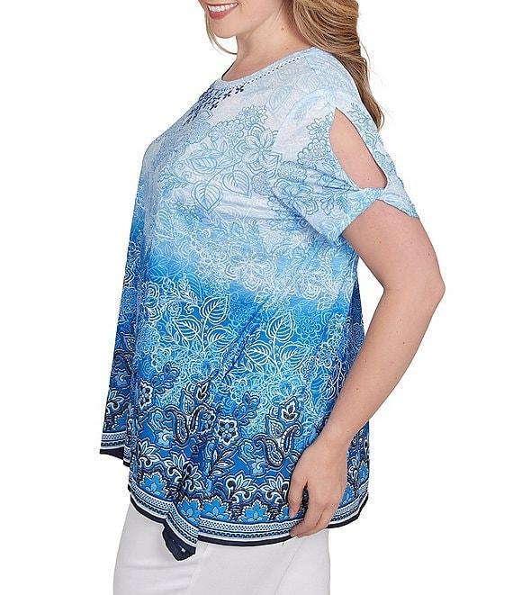 Ruby Rd. Plus Size Jersey Ombre Print Embellished Scoop Neck Short Cut-Out Sleeve Top Product Image