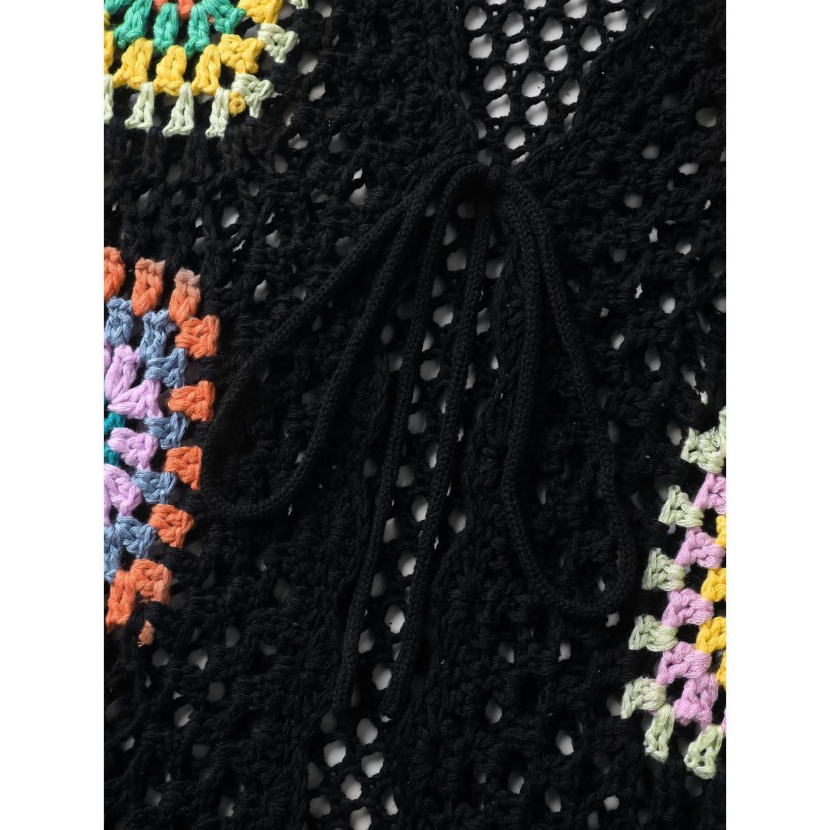Plus Size Colorful Floral Crochet Tie Knit Cardigan Black Women Loose Long Sleeve Vacation Cardigans BloomChic 10/M Product Image