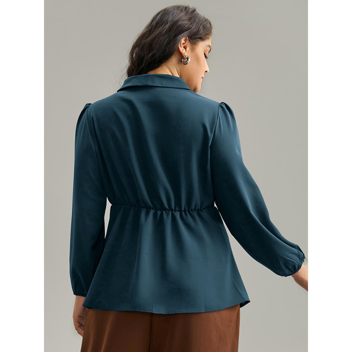 Plus Size Cyan Static-Free Plain Pleated Wrap Blouse Women Office Long Sleeve V-neck Dailywear Blouses BloomChic 26/4X Product Image