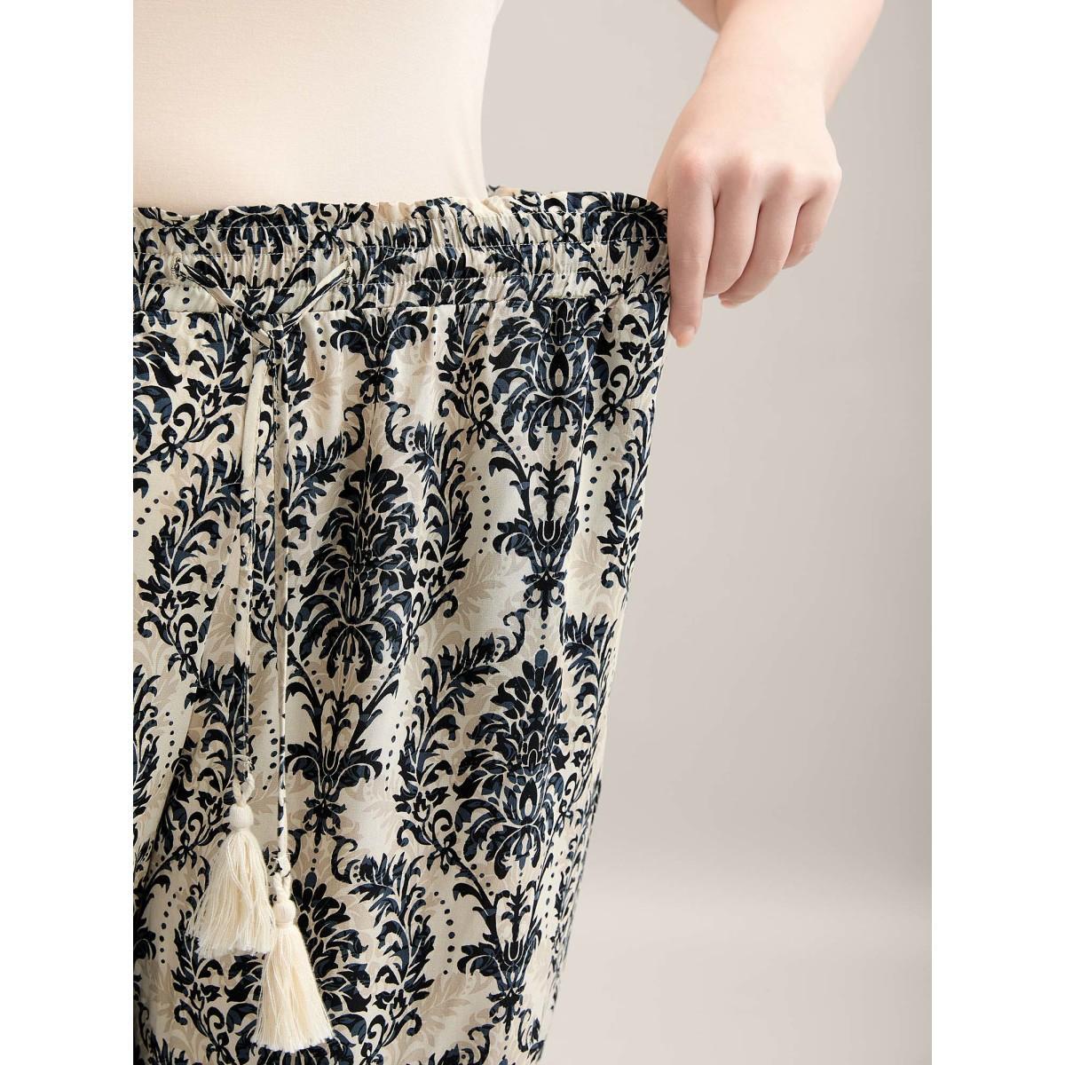 Plus Size Damask Print Shirred Tie Jogger Pants Women Midnight Resort Bodycon Mid Rise Vacation Pants BloomChic 26/4X Product Image