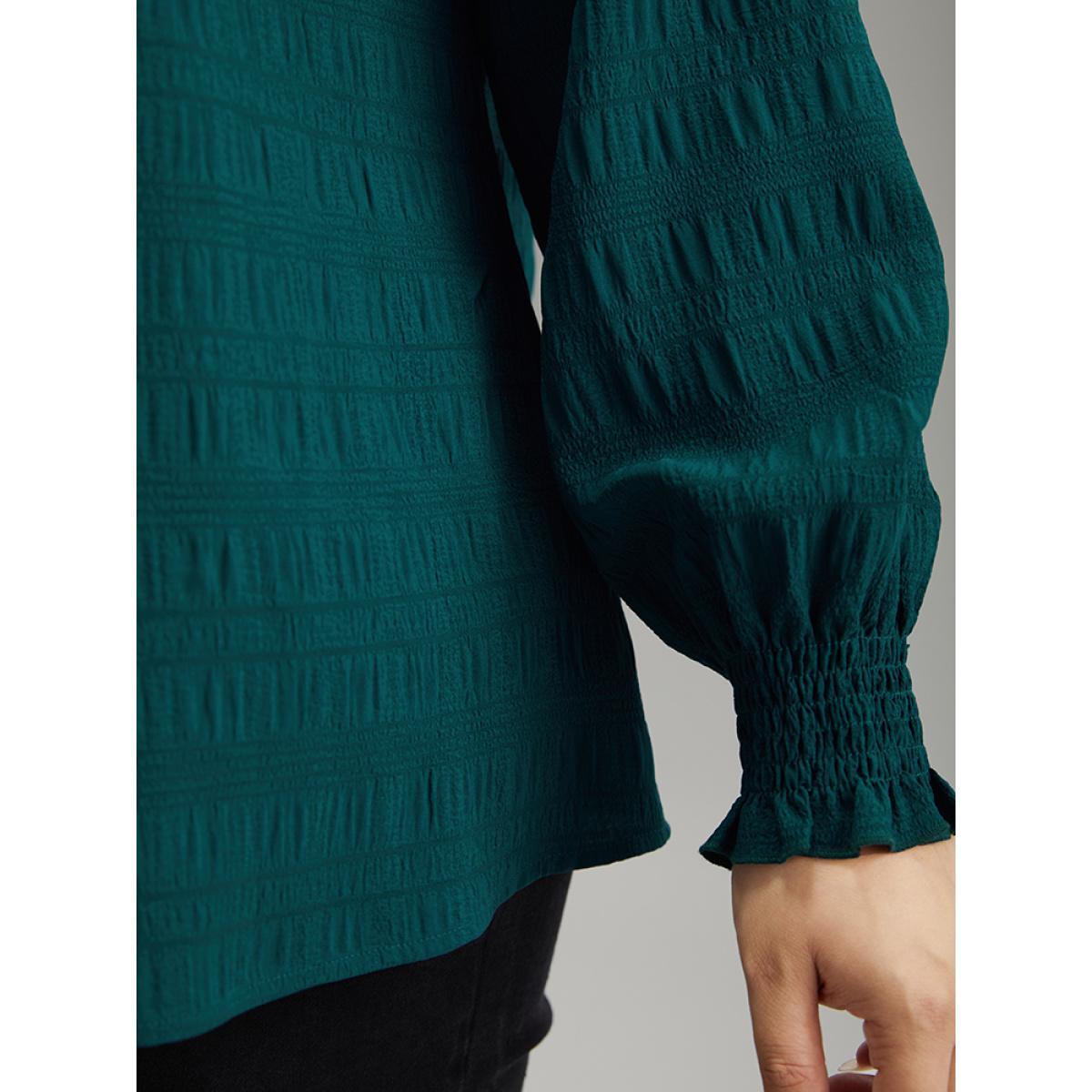Plus Size Cyan Plain Textured Shirred Gathered Blouse Women Elegant Long Sleeve Round Neck Dailywear Blouses BloomChic 30/6X Product Image