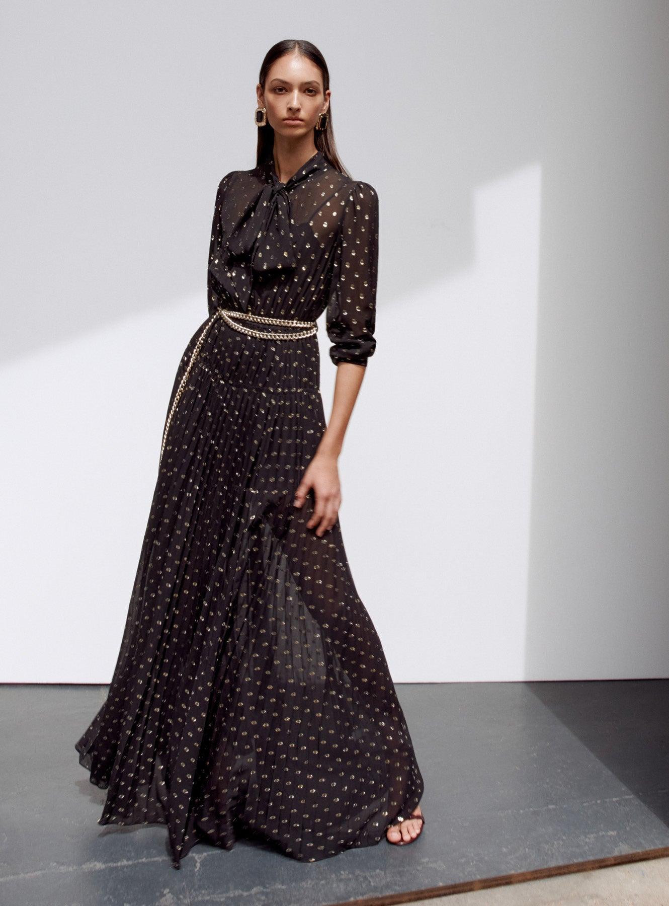 Black And Gold Pussy Bow Maxi Dress Product Image