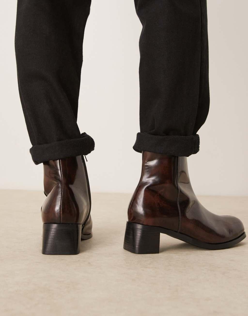 ASOS DESIGN heeled boots in brown burnished leather Product Image