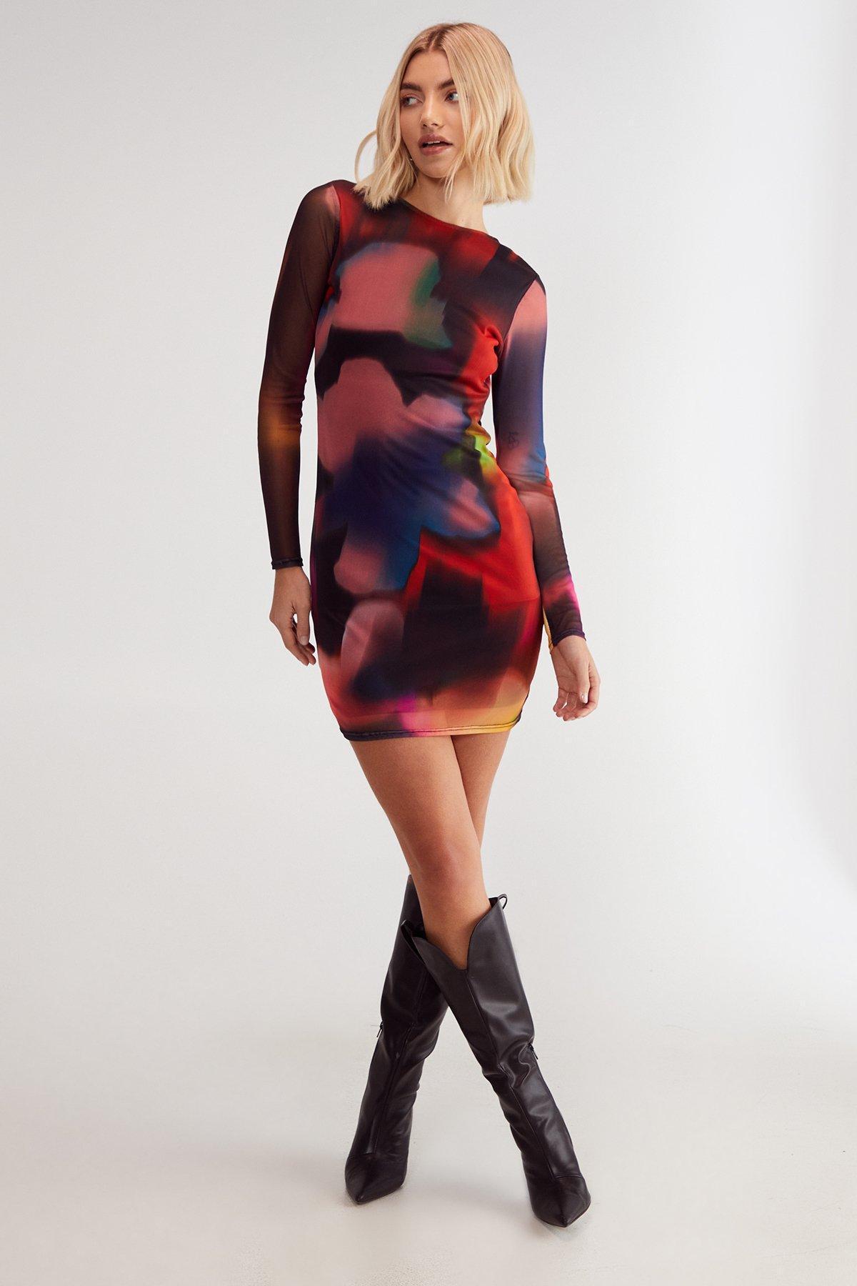 Blurred Printed Mesh Long Sleeve Backless Tunic Mini Dress Product Image