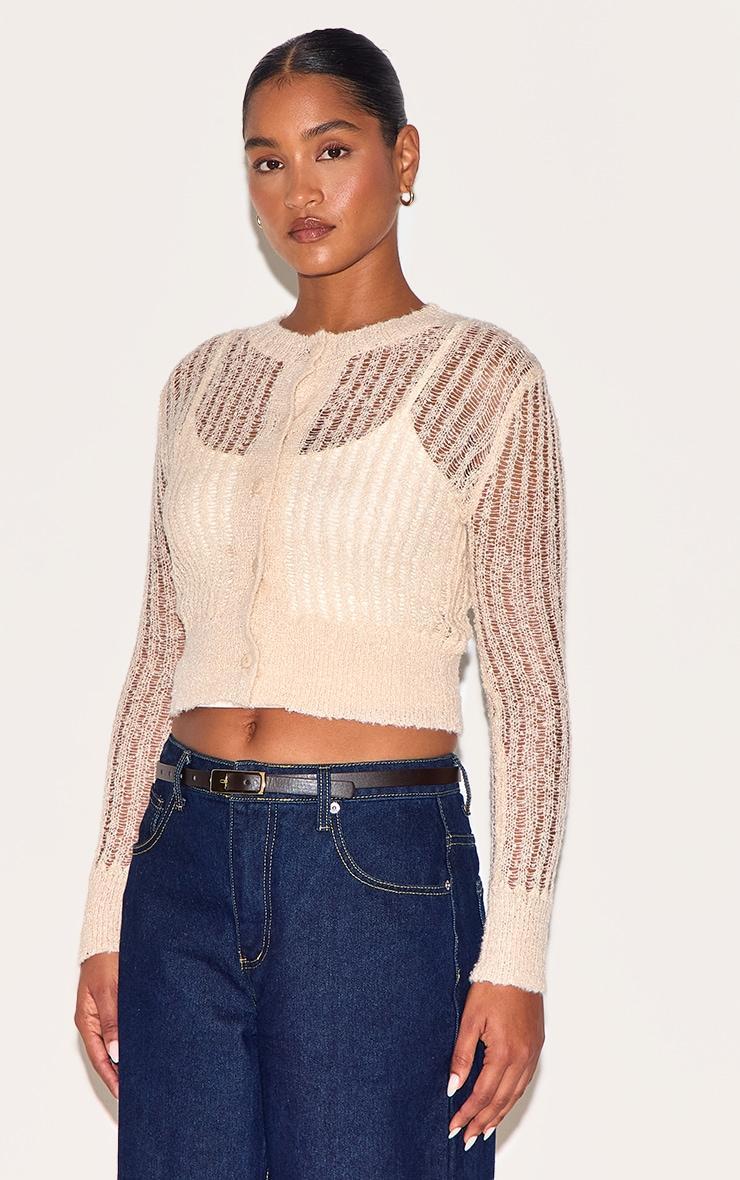 Oatmeal Ladder Knit Sheer Button Up Cardigan Product Image