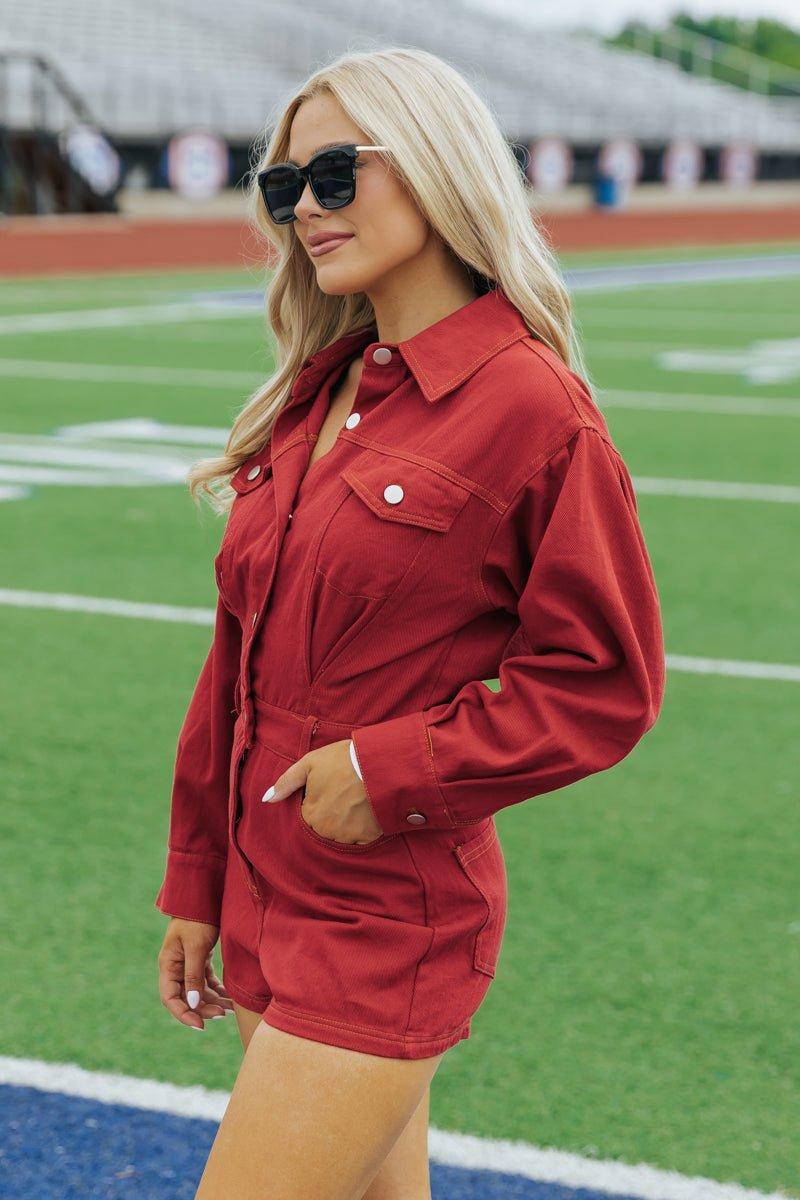 Red Long Sleeve Denim Romper - FINAL SALE Product Image