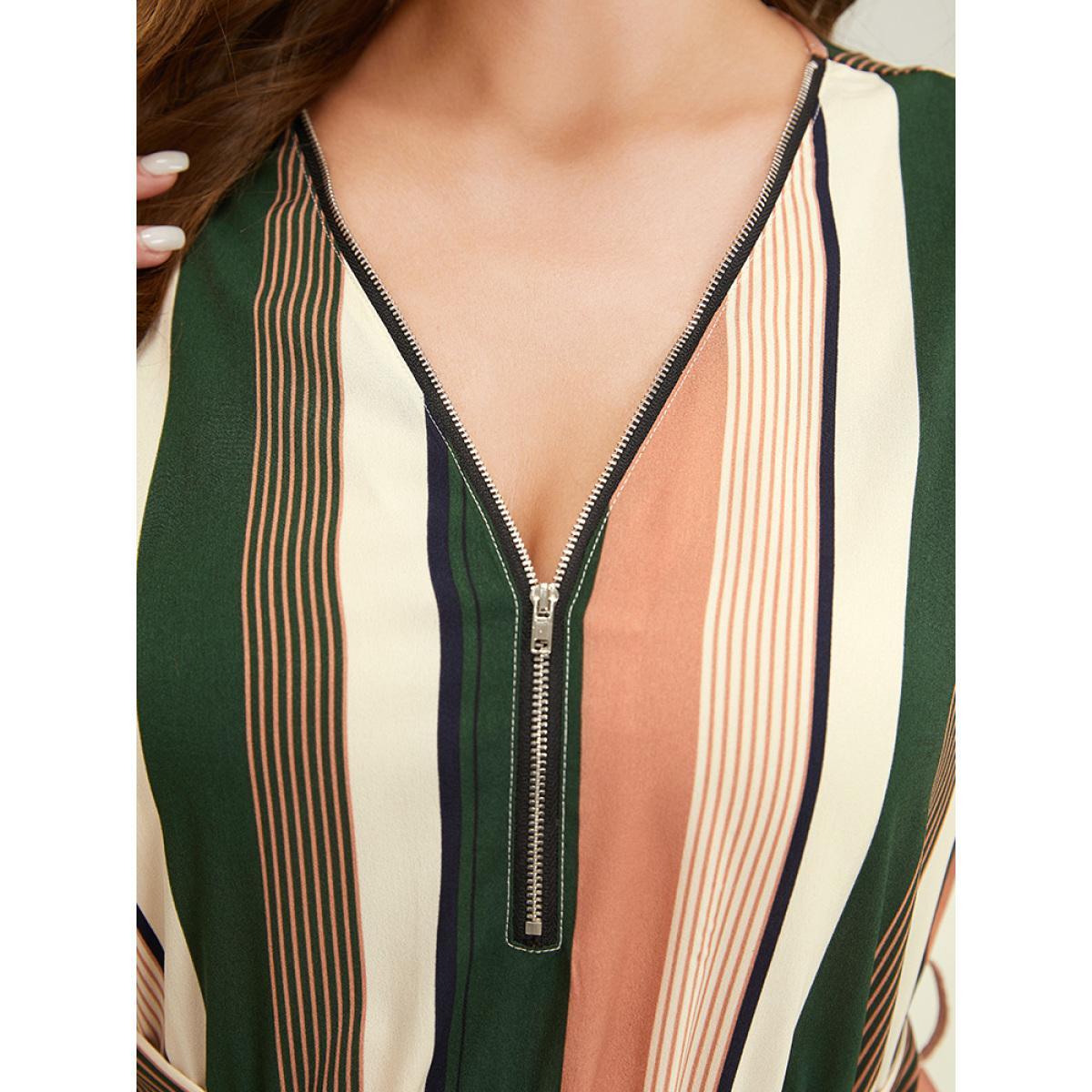 Plus Size Striped Contrast Pocket Belt Arc Hem Zip Up Dress Multicolor Women Office Contrast V-neck Short sleeve Curvy Midi Dress BloomChic 14-16/1X Product Image