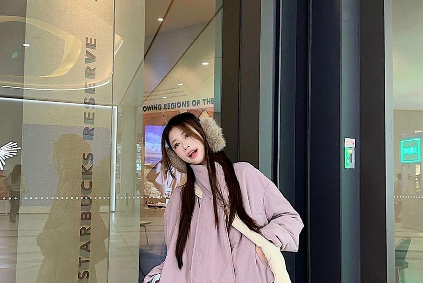 Long-Sleeve Turtleneck Plain Asymmetrical T-Shirt / V-Neck Plain Padded Button Jacket / Scarf / Elastic Waist Midi A-Line Skirt / Set Product Image